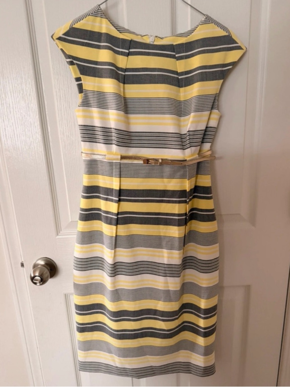 Calvin Klein Yellow, Gray and White Striped Midi Dress with Gold Belt